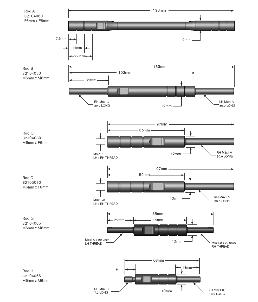 Massskizze aller Dynojet Schaltgestängetypen